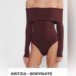 Aritzia "Contour" Off-Shoulder Long Sleeve One-Piece Bodysuit in burgundy. NWT